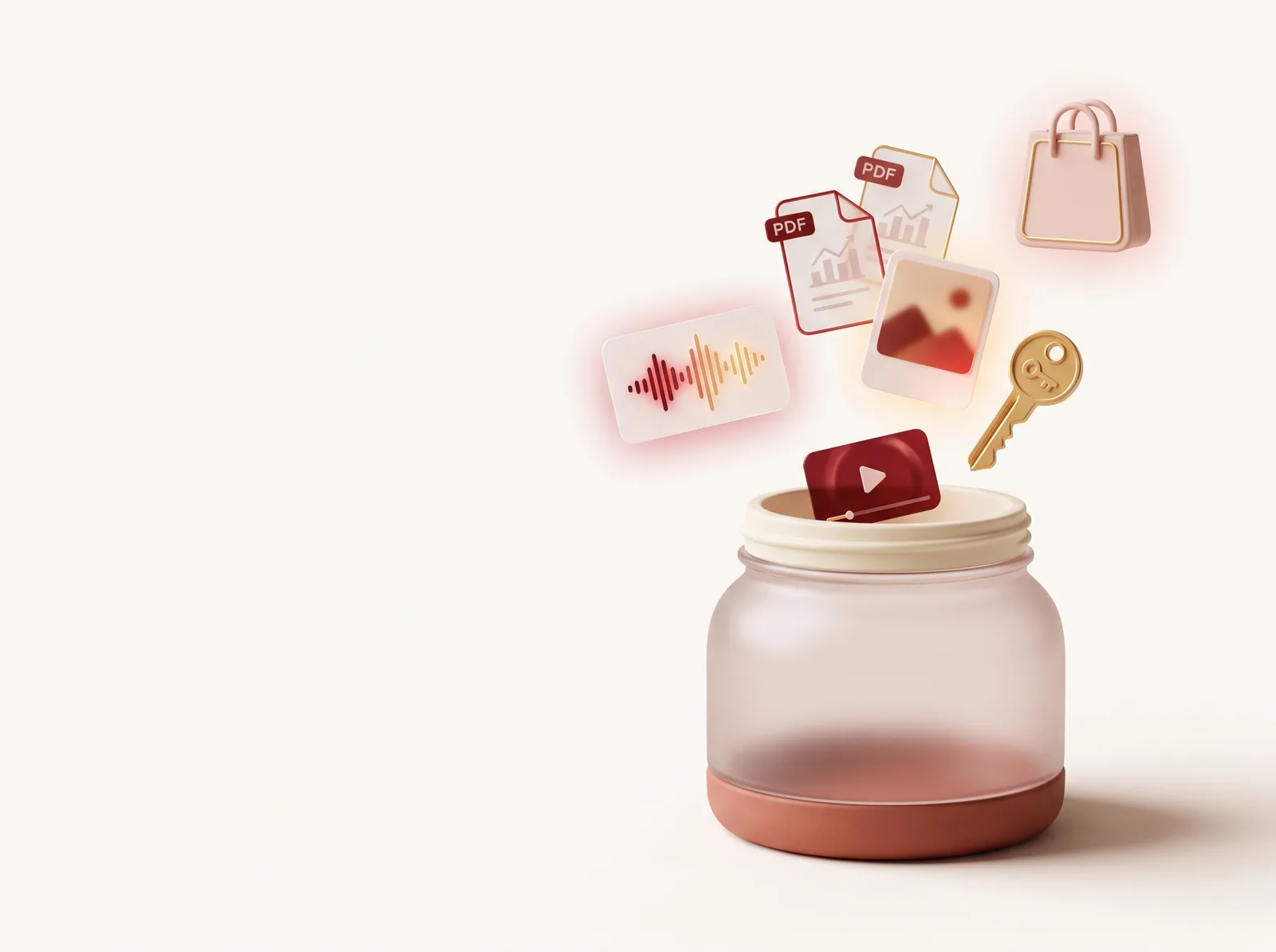 Digital files, audio, video and a license key floating out of a jar toward a shopping bag